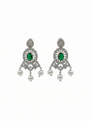 Fancy Emerald Green Partywear Earrings / Stylish American Diamond Pearl Jhumka