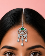 Silver-Tone Green Stone Designer Maang Tikka for Wedding Wear