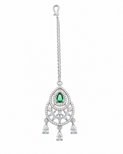 Silver-Tone Green Teardrop Stone Maang Tikka for Wedding & Festive Wear