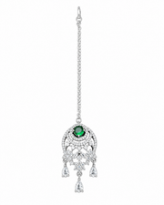 Silver-Tone Green Stone Designer Maang Tikka for Wedding Wear
