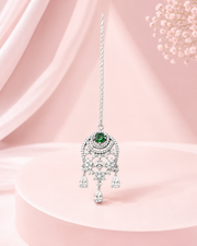 Silver-Tone Green Stone Designer Maang Tikka for Wedding Wear