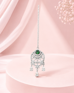Silver-Tone Green Stone Designer Maang Tikka for Wedding Wear