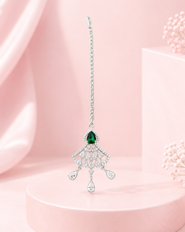Silver-Tone Green Pear Stone Designer Maang Tikka for Wedding & Party Wear