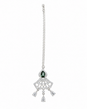 Silver-Tone Green Pear Stone Designer Maang Tikka for Wedding & Party Wear