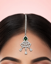 Silver-Tone Green Pear Stone Designer Maang Tikka for Wedding & Party Wear