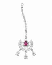 Silver-Tone Pink Teardrop Stone Maang Tikka for Wedding Wear