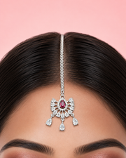 Silver-Tone Pink Teardrop Stone Maang Tikka for Wedding Wear