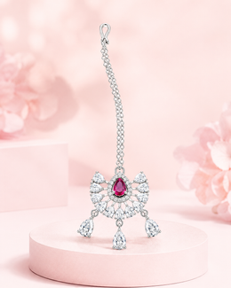 Silver-Tone Pink Teardrop Stone Maang Tikka for Wedding Wear