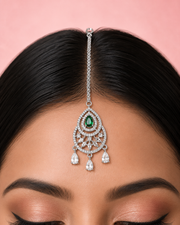 Silver-Tone Green Teardrop Stone Maang Tikka for Wedding & Festive Wear