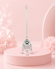Silver-Tone Green Teardrop Stone Maang Tikka for Wedding & Festive Wear