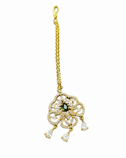 Gold-Tone Floral Green Stone Maang Tikka for Wedding Wear