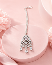 Silver-Tone Pink Teardrop Stone Maang Tikka for Bridal & Party Wear