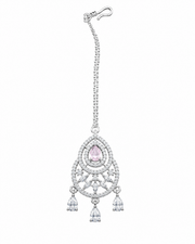 Silver-Tone Pink Teardrop Stone Maang Tikka for Bridal & Party Wear
