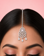 Silver-Tone Pink Teardrop Stone Maang Tikka for Bridal & Party Wear