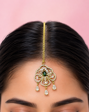 Gold-Tone Floral Green Stone Maang Tikka for Wedding Wear