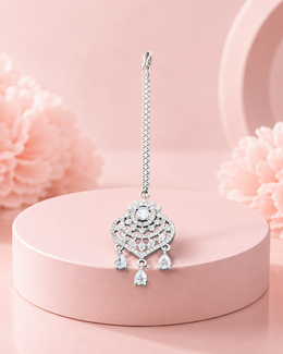 Silver-Tone AD Stone Maang Tikka with Teardrop Danglers for Bridal & Festive Wear