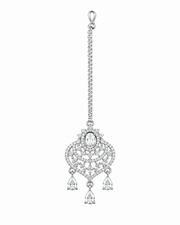 Silver-Tone AD Stone Maang Tikka with Teardrop Danglers for Bridal & Festive Wear