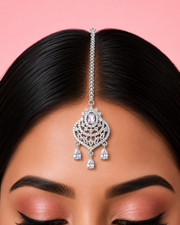 Silver-Tone AD Stone Maang Tikka with Teardrop Danglers for Bridal & Festive Wear