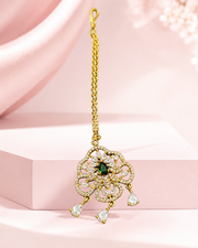 Gold-Tone Floral Green Stone Maang Tikka for Wedding Wear