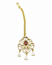 Gold Tone Floral AD Stone Maang Tikka with Ruby Red Center for Bridal & Wedding Wear