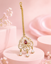 Gold Tone Floral AD Stone Maang Tikka with Ruby Red Center for Bridal & Wedding Wear