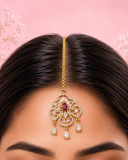 Gold-Tone Floral Maang Tikka with Red & White Stones for Bridal & Festive Wear