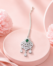 Silver-Tone Green Stone Designer Maang Tikka for Bridal & Festive Wear