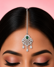 Silver-Tone Green Stone Designer Maang Tikka for Bridal & Festive Wear