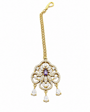 Gold-Tone Floral AD Stone Maang Tikka with Purple Stone for Bridal & Festive Wear