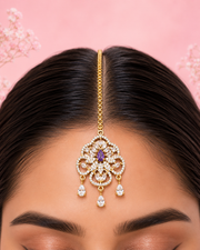 Gold-Tone Floral AD Stone Maang Tikka with Purple Stone for Bridal & Festive Wear