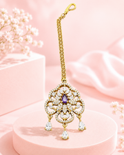 Gold-Tone Floral AD Stone Maang Tikka with Purple Stone for Bridal & Festive Wear