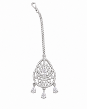 Silver Tone AD Stone Teardrop Maang Tikka for Bridal & Festive Wear