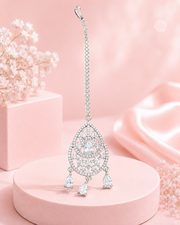Silver Tone AD Stone Teardrop Maang Tikka for Bridal & Festive Wear