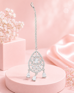 Silver Tone AD Stone Teardrop Maang Tikka for Bridal & Festive Wear