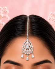 Silver Tone AD Stone Teardrop Maang Tikka for Bridal & Festive Wear