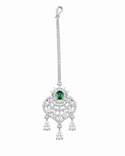 Silver-Tone Green Stone Designer Maang Tikka for Bridal & Festive Wear