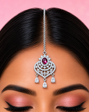 Silver-Tone Ruby Red Stone Maang Tikka for Bridal & Festive Wear