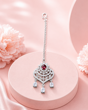 Silver-Tone Ruby Red Stone Maang Tikka for Bridal & Festive Wear