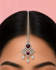 Silver-Tone Ruby Red Stone Designer Maang Tikka for Wedding & Festive Wear
