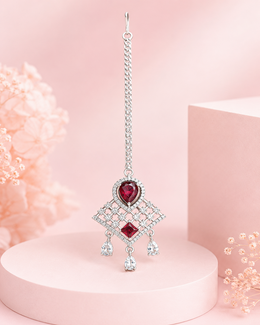 Silver-Tone Ruby Red Stone Designer Maang Tikka for Wedding & Festive Wear
