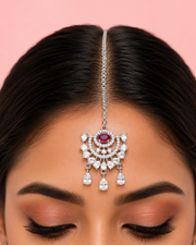 Silver-Tone Ruby Red Stone Chandbali Maang Tikka for Bridal & Party Wear