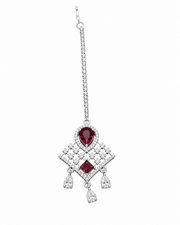 Silver-Tone Ruby Red Stone Designer Maang Tikka for Wedding & Festive Wear