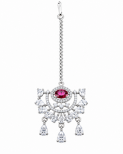 Silver-Tone Ruby Red Stone Chandbali Maang Tikka for Bridal & Party Wear