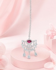Silver-Tone Ruby Red Stone Chandbali Maang Tikka for Bridal & Party Wear
