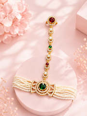 PM Aura Jewels Pearl Multi-Strand Hathphool with Green & Red Stone Party Wear
