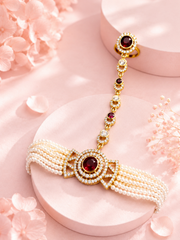 Traditional Pearl Hand Harness Ring Bracelet with Red AD Stone for Wedding & Festive Wear