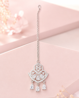 Silver-Tone Floral CZ Maang Tikka for Bridal & Festive Wear