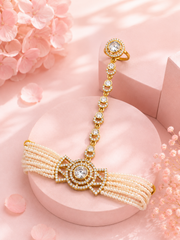 Gold-Tone Pearl Hand Harness with Crystal Stone Party Wear
