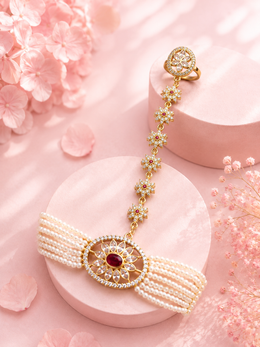 Gold-Tone Pearl Floral Hathphool with Ruby-Look Stone