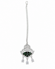 Silver-Tone Green Stone Designer Maang Tikka for Wedding
